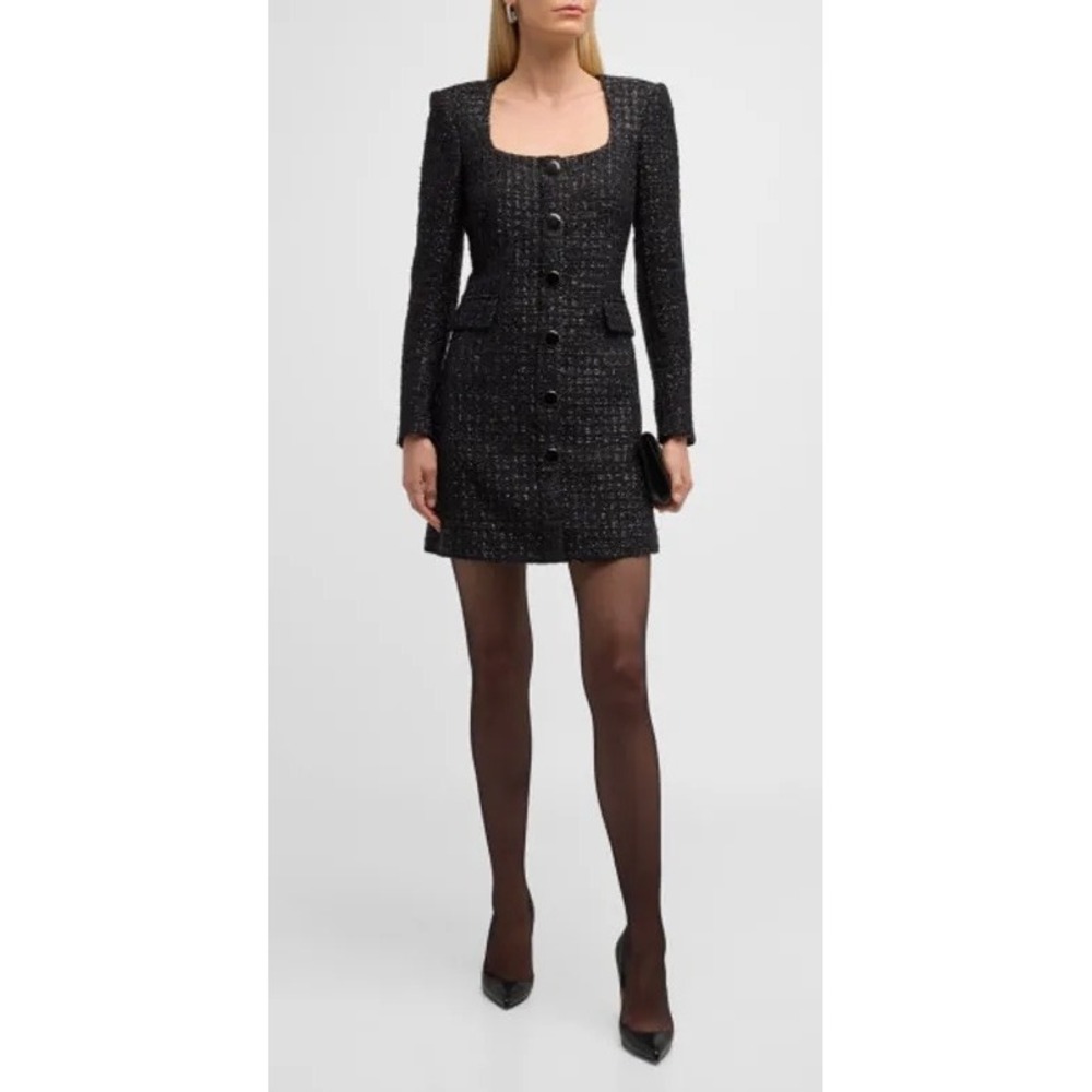 Veronica Beard Rino Button Front Tweed MIni Dress Black Long Sleeve 10